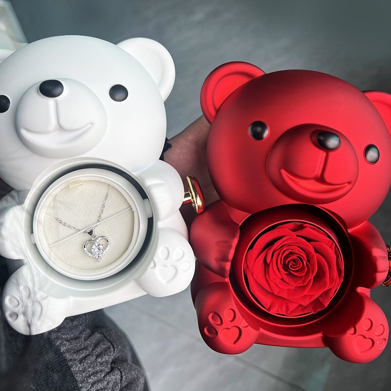 Rotating Bear Gift Box Eternal Rose Teddy Bear Jewelry Box With Necklace Valentine Wedding Special Present For Girlfriend Anniversary Gift Jewelry Box - Image 7