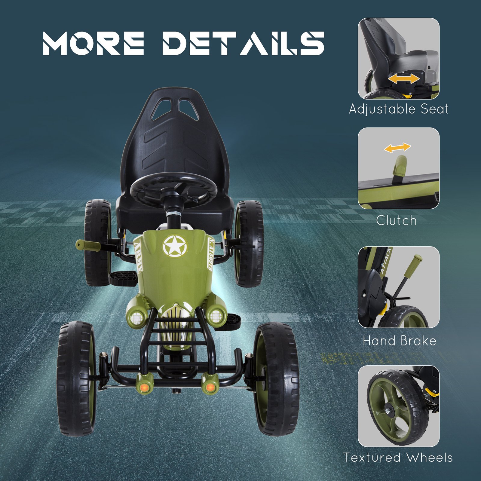 Pedal Go Kart for Kids with Adjustable Seat for 3-6 Year Old Boys and Girls, Green - Image 3