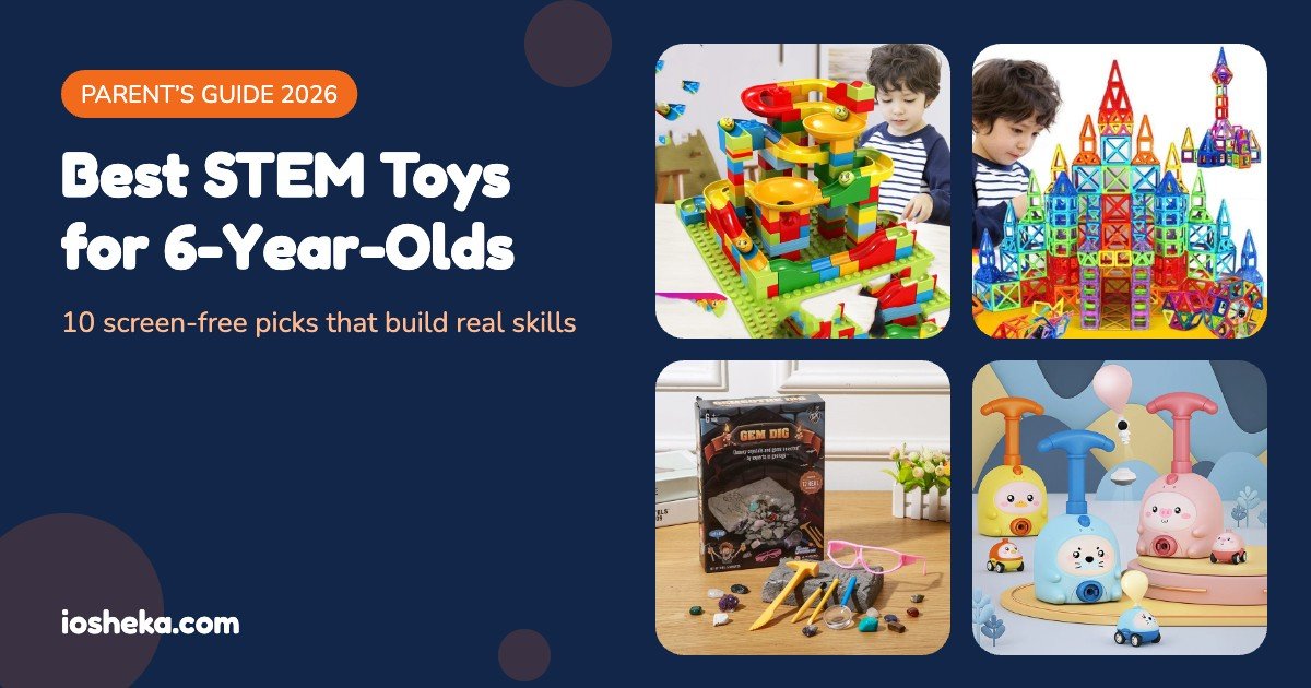 Collage of STEM toys for 6-year-olds: marble run, magnetic tiles, gem dig kit and balloon car