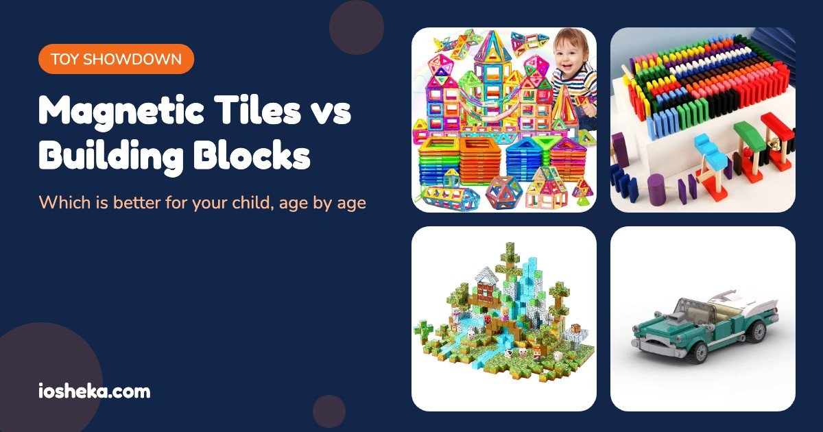 Magnetic tiles next to wooden and plastic building blocks